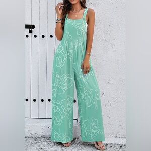 Moonlight Jade Printed Bib Wide Leg Overalls‎